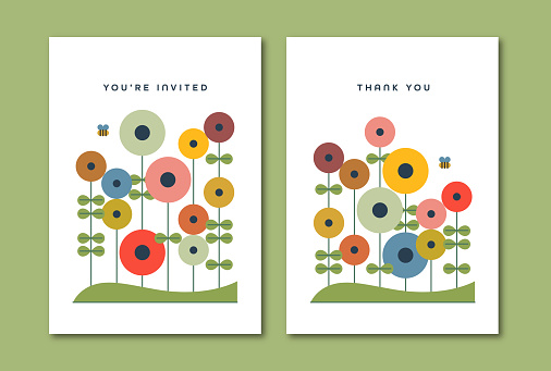 Colorful geometric spring flowers greeting cards—5x7 in