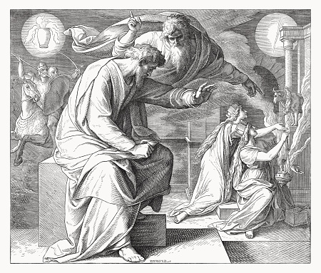 The Prophet Jeremiah (Jeremiah 1, 16 - 17). Wood engraving by Julius Schnorr von Carolsfeld (German painter, 1794 - 1872), published in 1860.