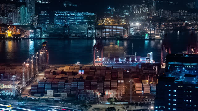 Time lapse busy port at night