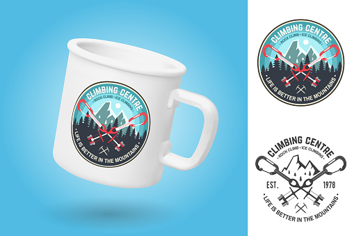 White camping cup. Realistic mug mockup template with sample design. Climbing Club badge. Vector. Vintage typography design with carabiners, climbing cams, hexes and mountain silhouette. Extreme adventure.
