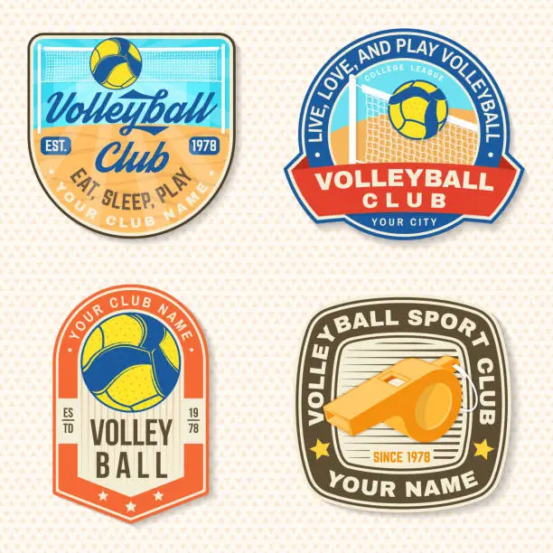 Vector illustration of Set of Volleyball club emblem, patch, sticker. Vector illustration. For college league sport club emblem, sign, logo. Vintage label, sticker, patch with volleyball ball silhouettes.