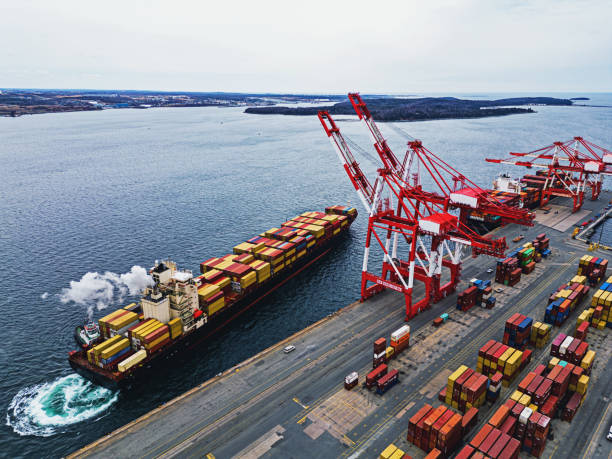 istock Aerial View of Docking Container Ship 1477217602