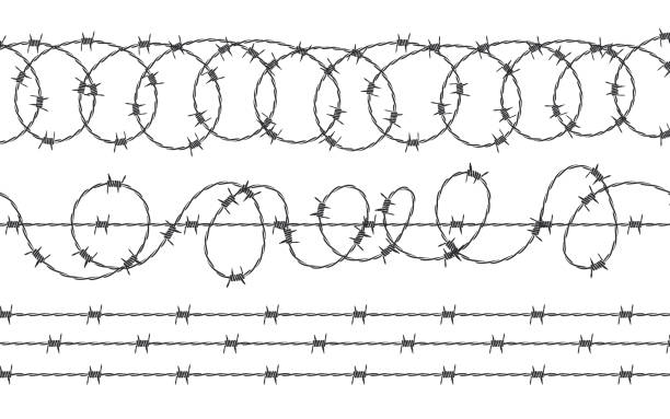 różne druty kolczaste. falisty drut żyletkowy. ogrodzenie zabezpieczające. grafika wektorowa skalowalna - barbed wire wire war prison stock illustrations