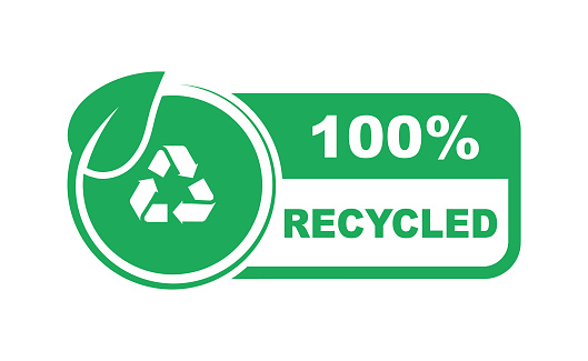 100% recycled label. Recycling icon. Ecological symbol. Zero waste - recycle, reuse and reduce. Environmental protection sign. Vector illustration.