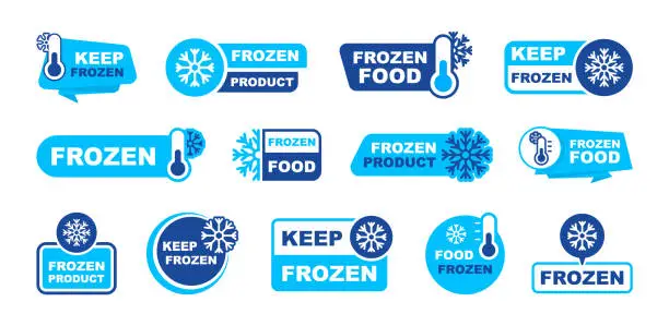 Vector illustration of Frozen product label set. Keep frozen - badges for package product. Frozen food logo. Stickers with snowflake and thermometer. Storage in refrigerator and freezer. Vector illustration.