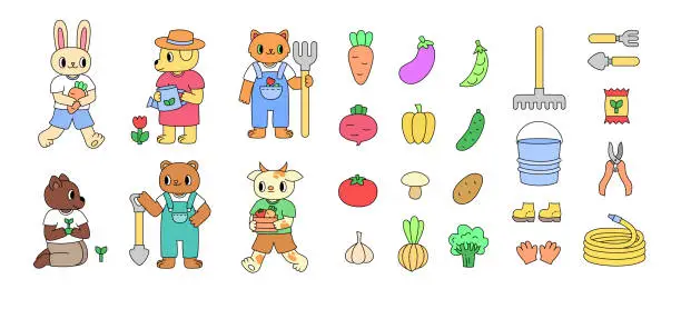 Vector illustration of Set farm animals, harvest and garden tools.