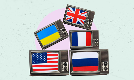 Art collage, lots of retro TVs with flags of countries around the world. Yellow press from retro TVs, daily news.
