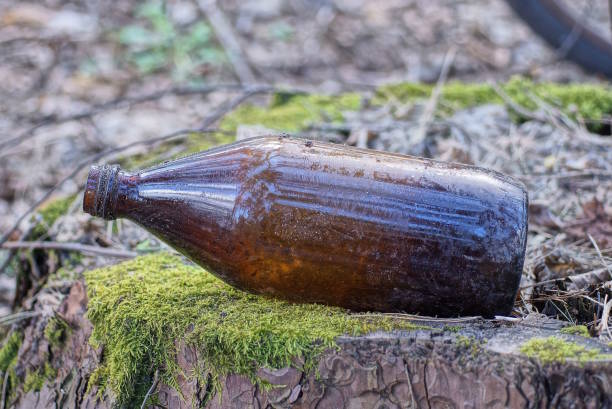 garbage from one dirty old glass brown bottle lies on a stump in green moss in nature