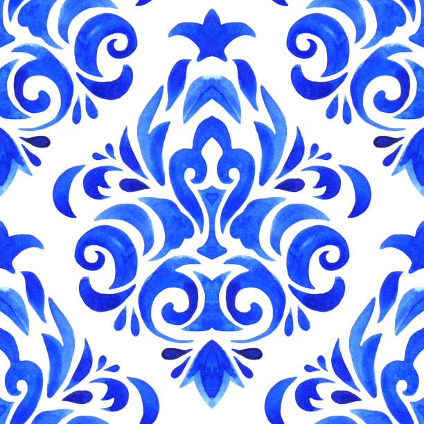 istock Watercolor blue damask hand drawn floral design. Seamless mediterranean pattern, tiling ornament. Persian abstract flower background. 1477230452