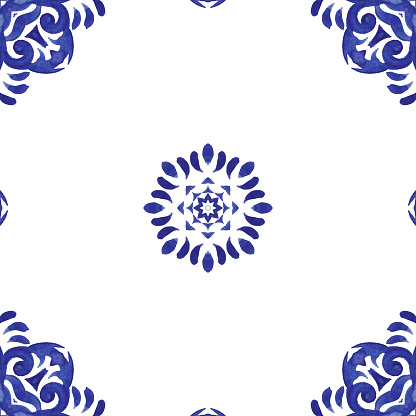 Elegant mandala with flower tile seamless ornamental watercolor paint pattern. Blue and wihte azulejo portuguese decorative mosaic element.