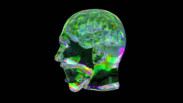 Visualization of artificial intelligence. Diamond brain inside a transparent screaming head. Rainbow green. 3d animation