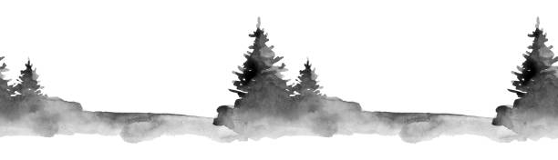 illustrations, cliparts, dessins animés et icônes de aquarelle noir et blanc motif homogène de conifère, forêt d’hiver monochrome, paysage forestier avec pins et sapins, texture naturelle - white black tree fog