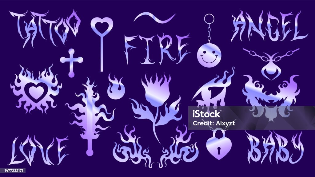 Y2k Metal Holographic Sticker Set Shine Holo Gradient Flame And Fire Chain  Heart Sword Flower Necklace Vector Foil 2000s Style 90s 00s Aesthetic  Trendy Emo Goth Eps Stock Illustration - Download Image