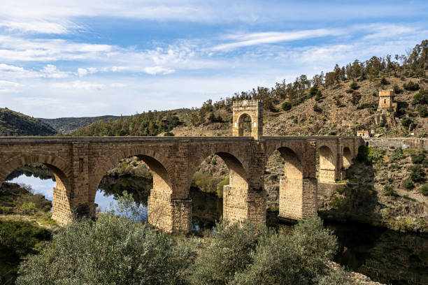 ponte romano sul tago, fiume tajo in alcantara, provincia di caceres, estremadura, spagna - alcantara bridge foto e immagini stock