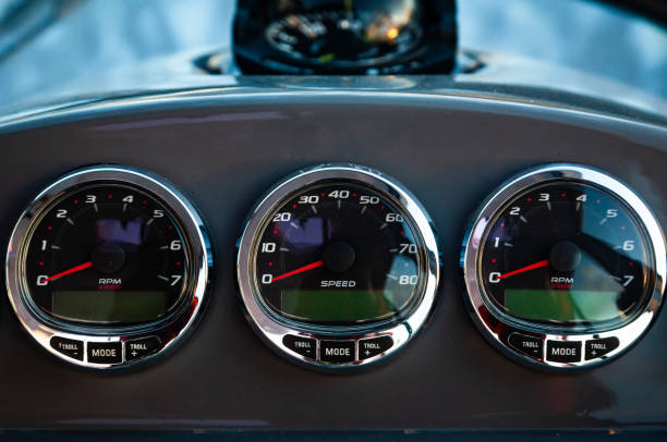 istock Motor yacht control panel. Gauges, speedometers and control buttons. 1477235632