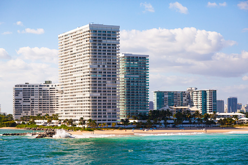 View of residential high-rise buildings with a gorgeous beach on the Atlantic Ocean in Fort Lauderdale.