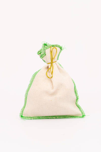 white pouch made of coarse fabric on a white background
