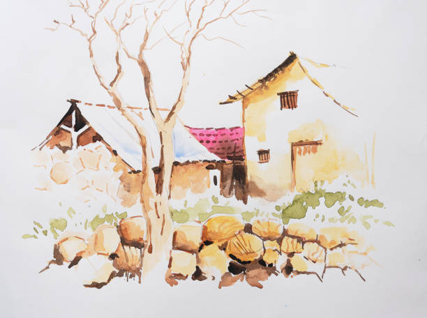 piękne akwarelowe malowidła wiejskich domów indyjskiej wioski. martwe drzewo. dużo białego kolorowego tła dla przestrzeni kopiowania. ręcznie malowana akwarela ilustracja. - paintings canvas cottage painted image stock illustrations