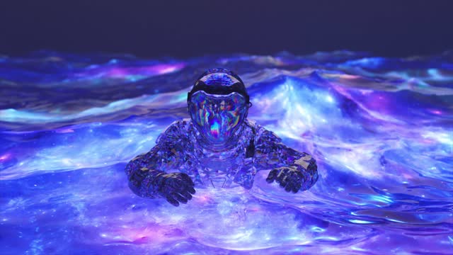 Space concept. Diamond astronaut swims in the ocean with blue neon water. Waves. 3d animation of seamless loop
