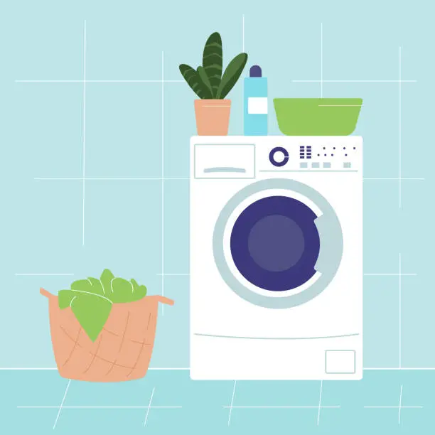 Vector illustration of Laundry illustration. Working washing machine with laundry baskets and detergent. Vector illustration