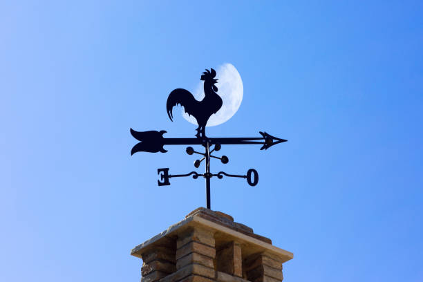 silhoutte eines wetterhahns auf einem dach mit blauem himmel und dem mond - roof roof tile rooster weather vane stock-fotos und bilder