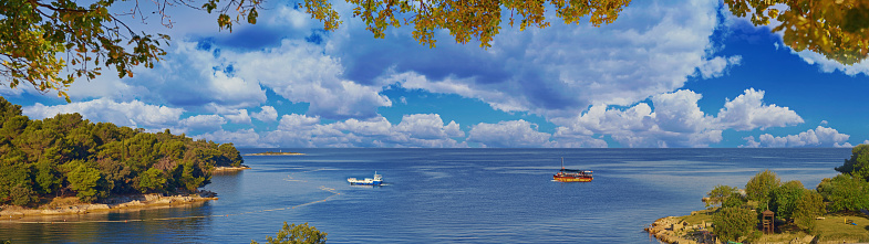 Wonderful romantic summer afternoon landscape panorama sea. Green lagoon sea bay in Porec, Croatia - Istria, Europe