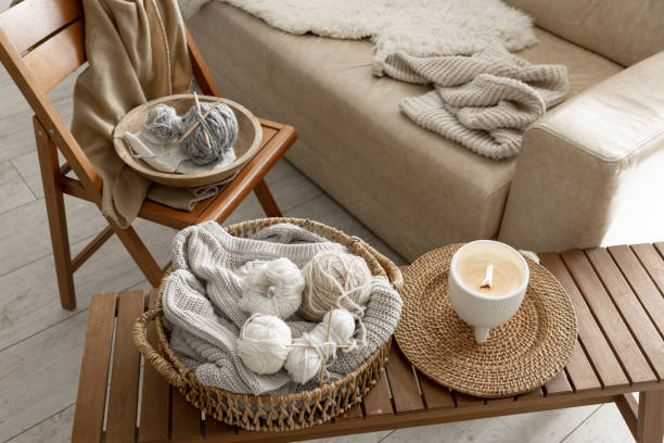 istock Threads for knitting in the interior of the room, a cozy composition with yarn. 1477243433