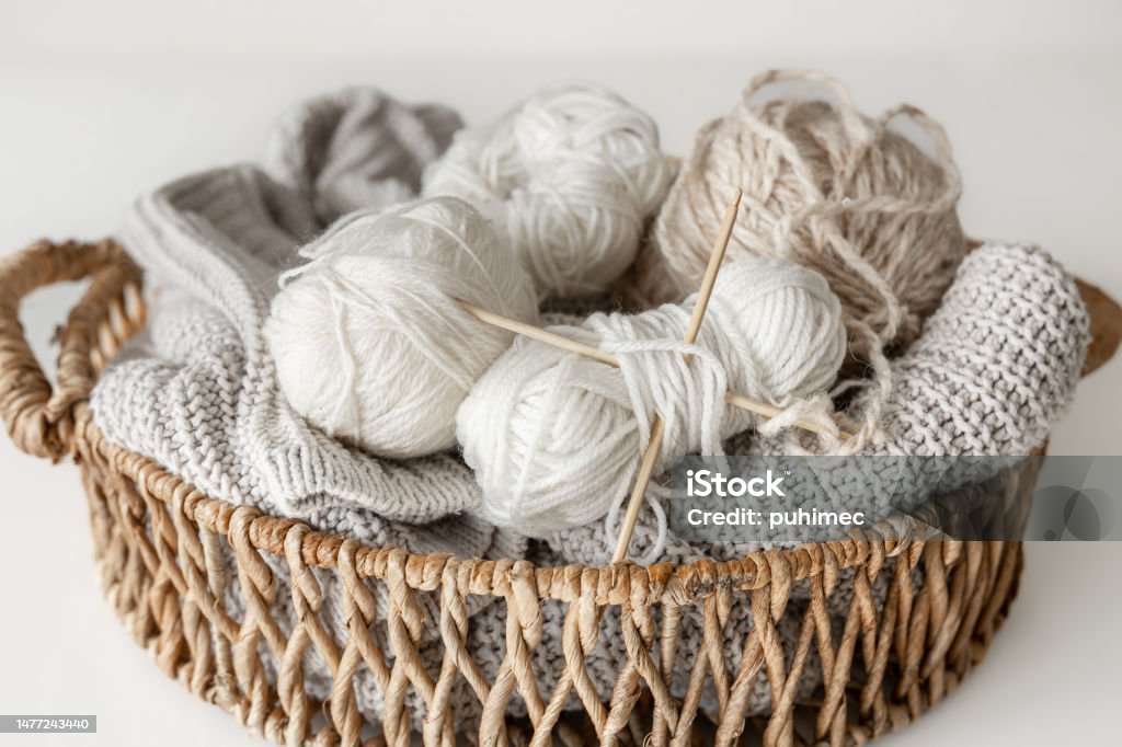 Basket With Yarn Closeup Threads For Knitting Stock Photo - Download Image  Now - Backgrounds, Ball Of Wool, Basket - iStock