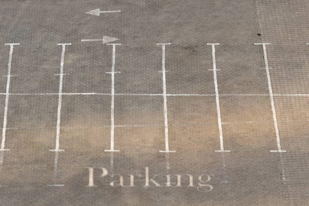 istock Empty public parking lot with white painted road marking 1477243617
