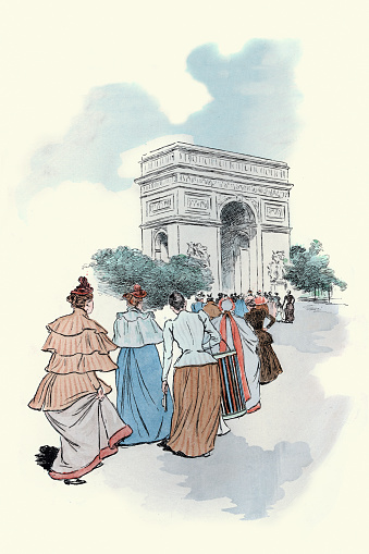 Vintage illustration of Group of woman walking towards the Arc de Triomphe, Paris, Victorian French fashion, 1890s, 19th Century. Marie Louis Pierre Vidal