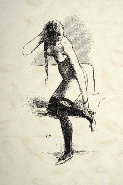 Vintage illustration of Sketch of a young woman putting on stockings, Victorian French, 1890s, 19th Century Vintage illustration of Sketch of a young woman putting on stockings, Victorian French, 1890s, 19th Century. Marie Louis Pierre Vidal drawing of a women wearing garter belts stock illustrations