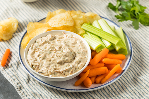 Homemade Healthy Carmelized Onion Dip with Chips and Celery