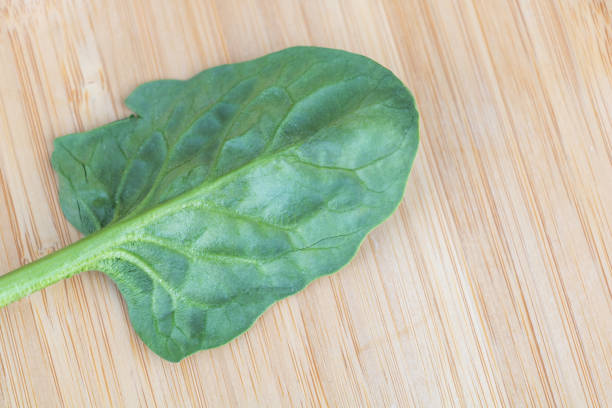 Spinach leaves on a wooden background. Selective focus