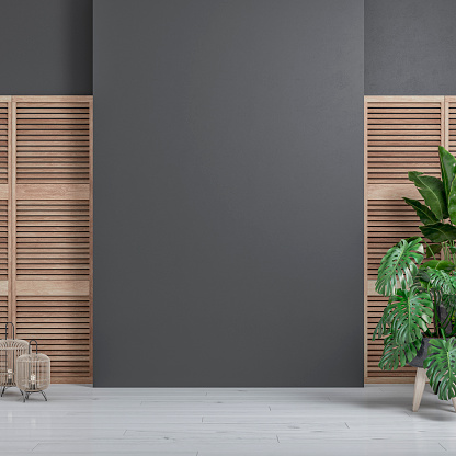 Cozy retro-chic interior with a large anthracite gray plaster wall background and copy space. Two birdcage lamps, and decoration (lush foliage: monstera, banana/palm tree, pillow) with 2 hardwood slat doors on each side of the wall. The 50s- 60s decoration, art deco style. A slight vintage effect was added. 3D rendered image.