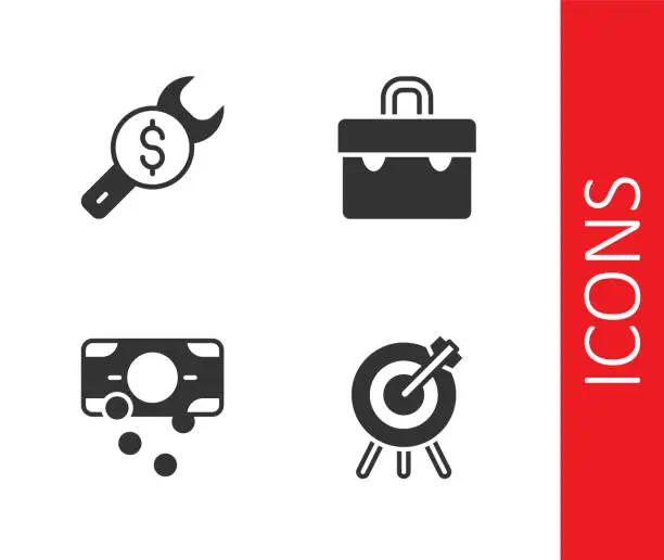 Vector illustration of Set Target financial goal, Repair price, Stacks paper money cash and Briefcase icon. Vector