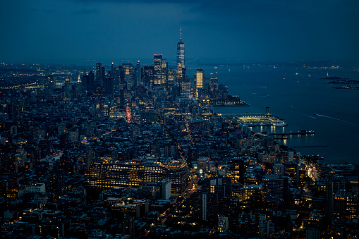 Aerial view of the Manhattan skyline in the night - view to Lower Manhattan and Hudson River