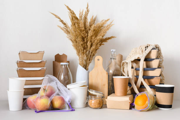 istock Zero waste life. Paper lunch boxes and biodegradable kitchen utensils. Plastic environmental protection 1477253071