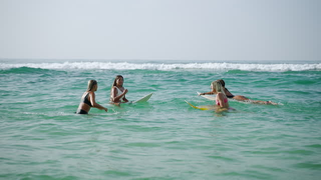 Young diverse women surfers floating on surfboards and riding waves in the ocean at sunrise. Surfer females sitting on surfing boards in calm sea looking at horizon. Girls enjoy water sport lifestyle