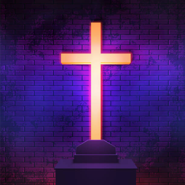 istock Glowing neon cross standing on a treasure sarcophagus in a crypt. Cyberpunk background of a sepulcher, energy radiating cross and lighted brick wall 1477255415