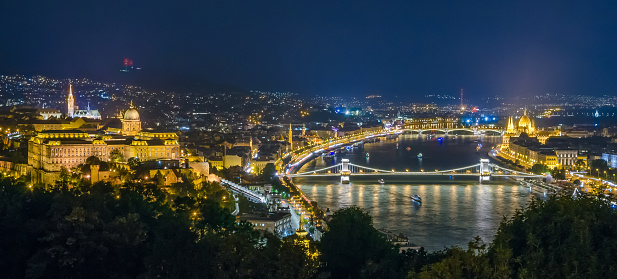 Panoramic view of Budapest Castle and Danube river at night, Hungary.