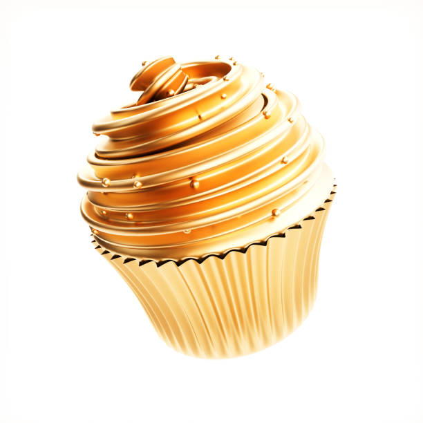 istock Golden cake isolated on white background 1477257204