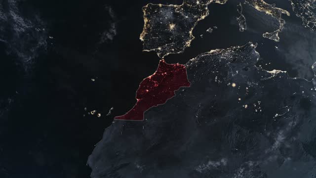 Highlighted dark map of Morocco, zooming in from the space through a 4K photo real animated globe, with a panoramic view consisting of Africa, West Europe and USA. Epic spinning world animation, Realistic planet earth, highlight, satellite, aerial