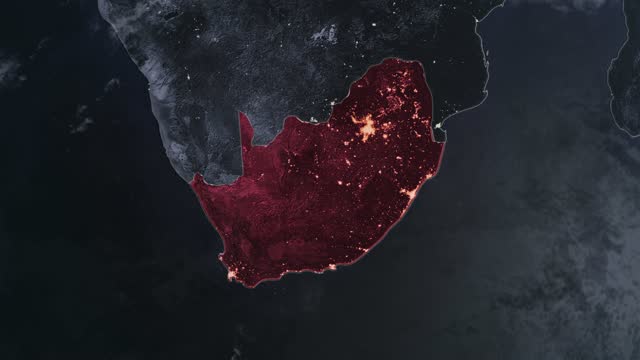 Highlighted dark map of South Africa, zooming in from the space through a 4K photo real animated globe, with a panoramic view consisting of Africa, West Europe and USA. Epic spinning world animation, Realistic planet earth, highlight, satellite, aerial