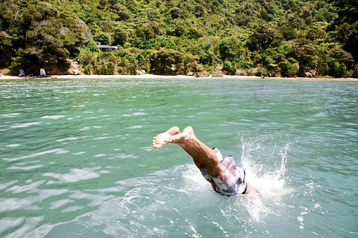 A man jumps from jetty into the sea in summer. Taken in the Marlborough Sounds of New Zealand's South Island.