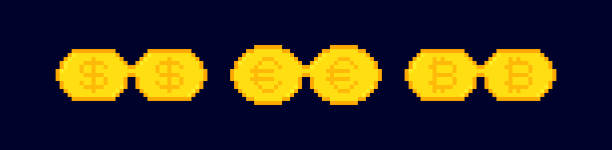 istock Gold pixel glasses with dollar euro and bitcoin isolated on dark background. Like a boss meme. Mafia gangster funky logo. Vector illustration graphic design 1477261035
