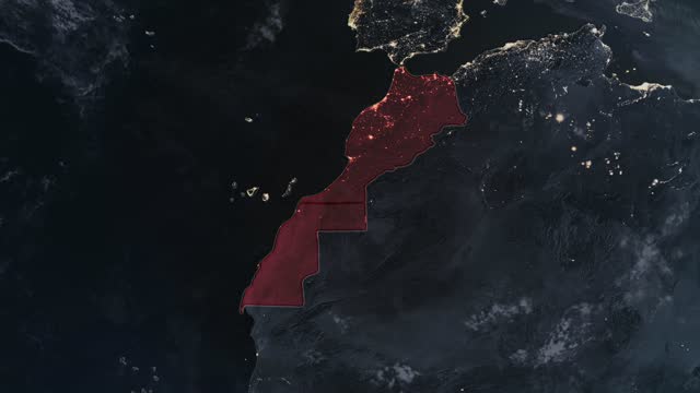 Highlighted dark map of Western Sahara - Morocco, zooming in from the space through a 4K photo real animated globe, with a panoramic view consisting of Africa, West Europe and USA. Epic spinning world animation, Realistic planet earth, highlight,