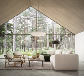 Modern home living room with beautiful forest view. Contemporary interior design.