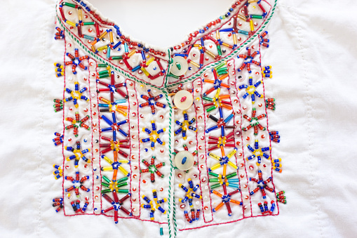 Traditional Vintage Albanian Bead Embroidered Textile Detail (Close-Up) from woman’s blouse.