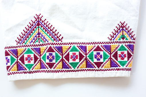 Traditional Vintage Albanian Embroidered Textile Detail (Close-Up) from woman’s blouse.