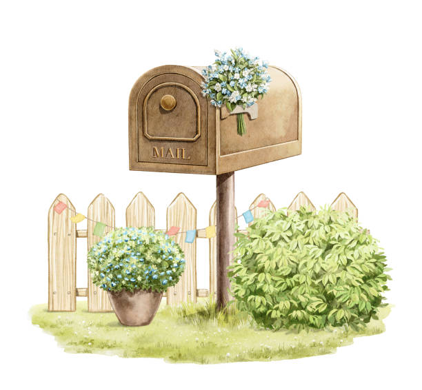 akwarelowa skrzynka pocztowa z kreskówek, krzak, płot i doniczka na zielonej łące - mailbox multi colored mail usa stock illustrations